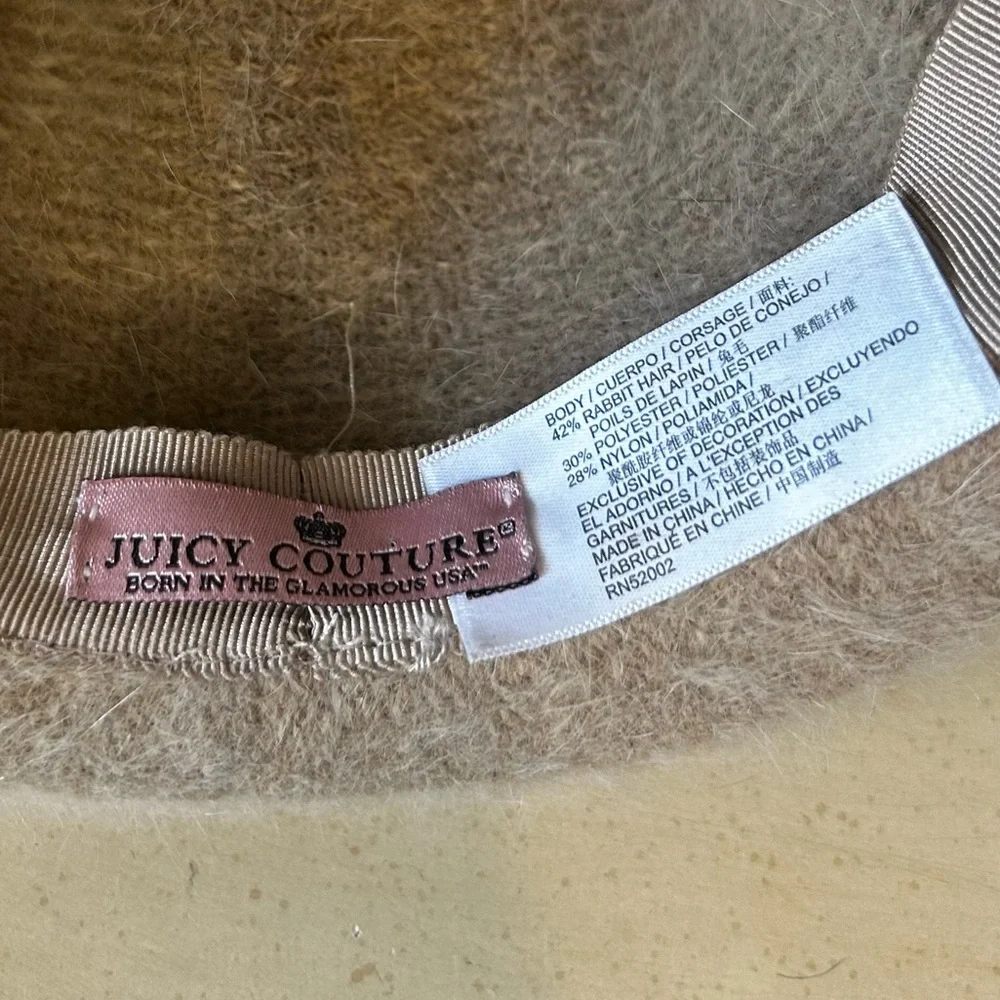 Vintage Juicy Couture Tan Rabbit Fur Mix Brown Leather Strap Fedora Hat